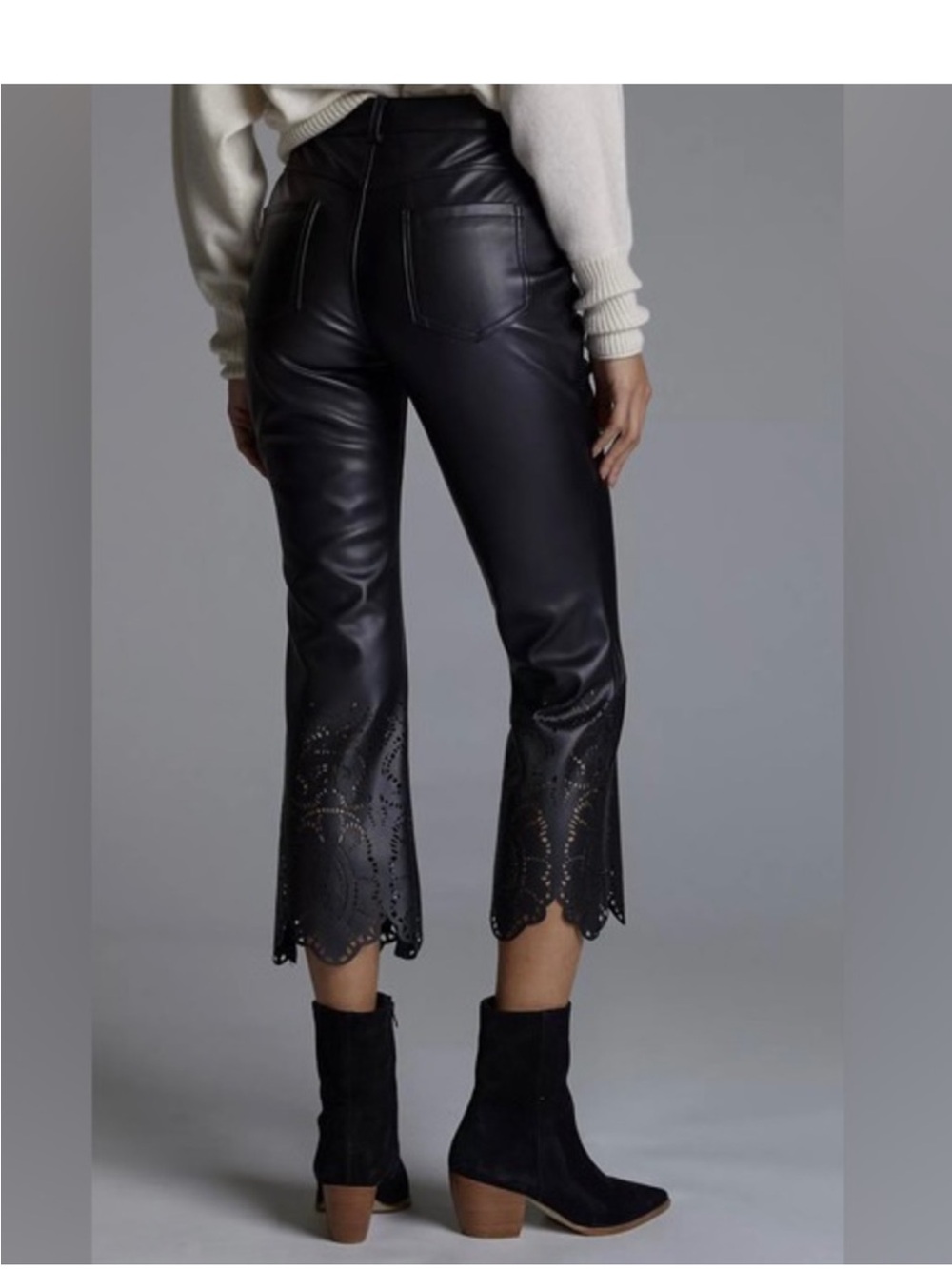 Anthropologie Black Faux Leather Cropped Pants with Laser-Cut Scalloped Hem